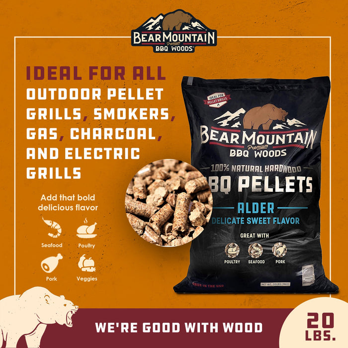 Bear Mountain BBQ 100% Natural Hardwood Alder Sweet Flavor Pellets, 20 Pounds