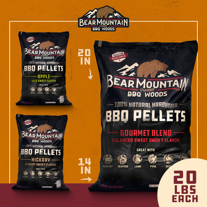 Bear Mountain BBQ Hardwood Gourmet Blend, Hickory, & Apple Pellets, 20 Lb Bags