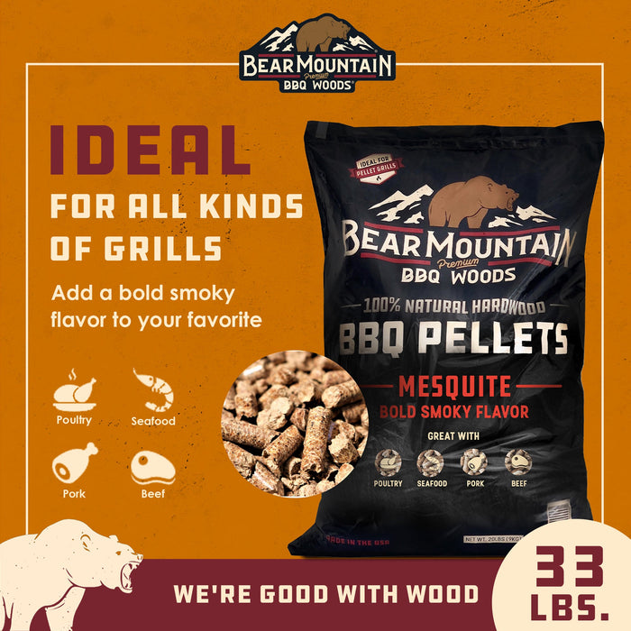 Bear Mountain All Natural Mesquite BBQ Pellets w/Robust Smoky Flavor, 33 Pounds