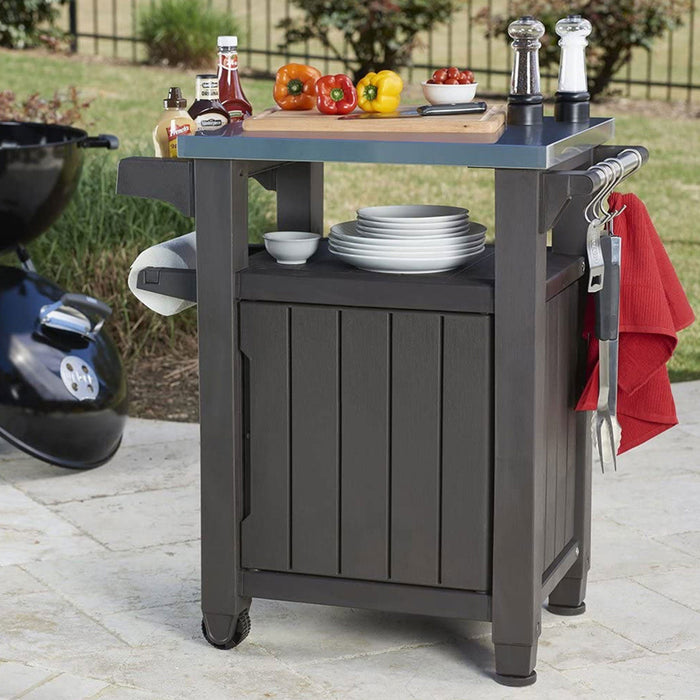 Keter Unity 40 Gal Patio Storage Grilling Bar Cart w/ Stainless Steel Top, Brown