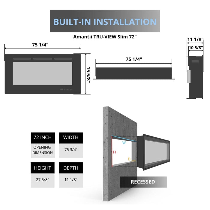 Amantii TRU-VIEW Slim Indoor/Outdoor 3-Sided Smart Electric Fireplace