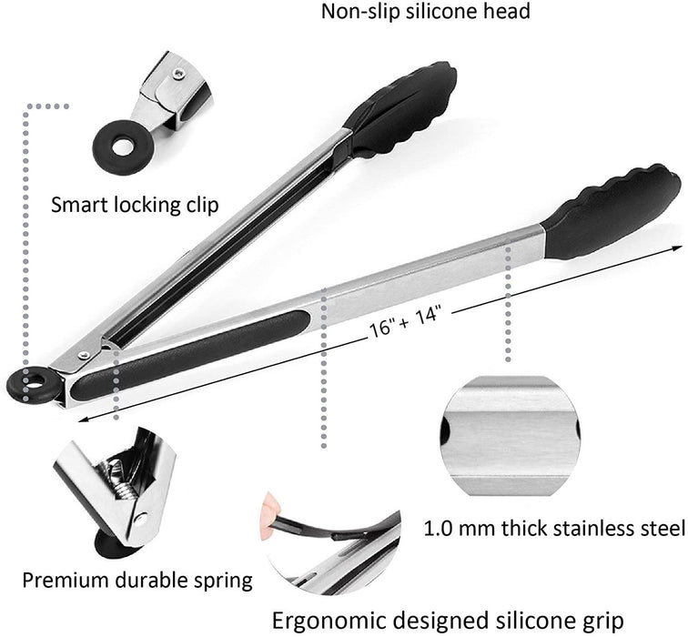 Grill Tongs Set - Grill Mat Safe - 17" & 15" BPA Free Food Grade Silicone Grill Tongs