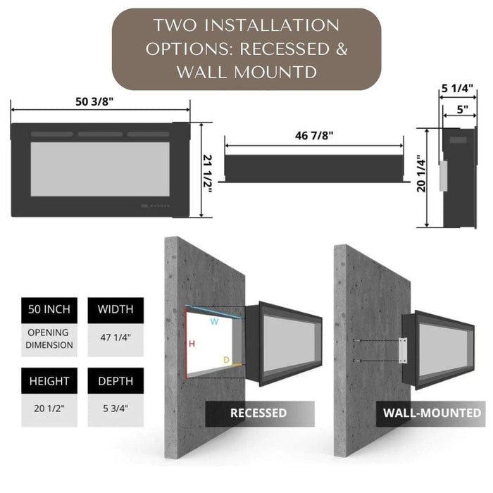 Modern Blaze Recessed / Wall Mounted Electric Fireplace with Multicolor Flame