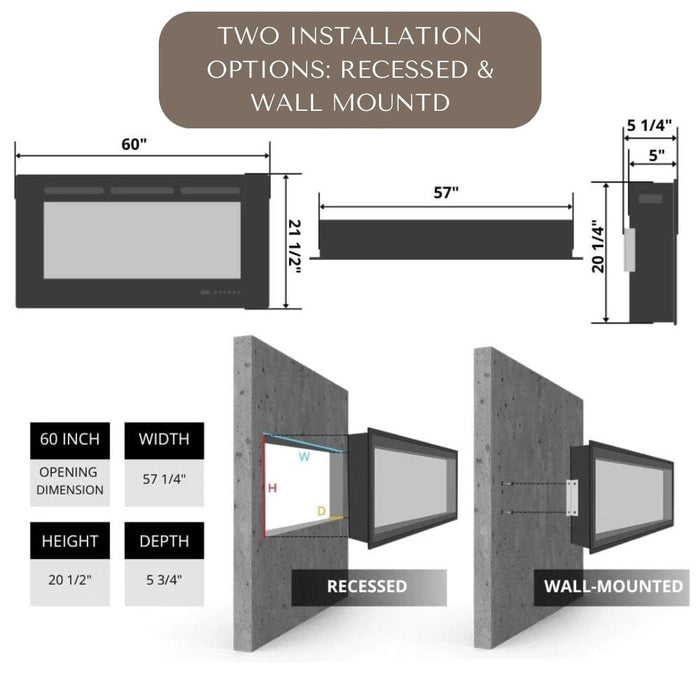 Modern Blaze Recessed / Wall Mounted Electric Fireplace with Multicolor Flame