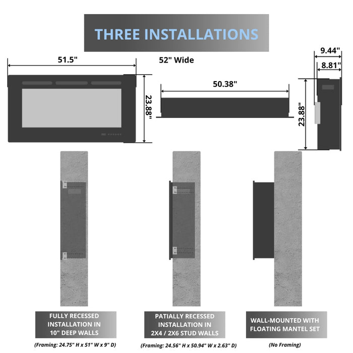 Modern Flames Orion Multi Built-In/Wall Mounted Smart Virtual Electric Fireplace with Real Flame Effect